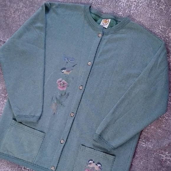 VINTAGE 90s Birds And FLORAL GRAPHIC Green Embroidered Cardigan
