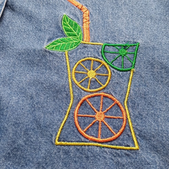 Vintage Denim Summer Drinks Embordered Button-Up