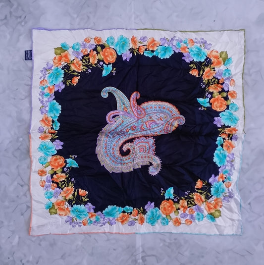 Vintage Handmade Silk Scarf Black Paisley Center Floral Border 16in Decorative