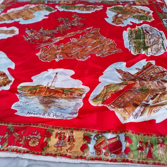 Vintage Italy Landmarks Silk Scarf Red Italian Cities Souvenir Scarf Palermo