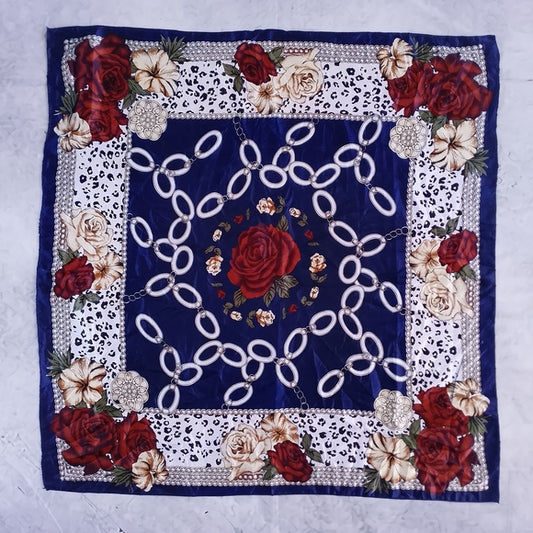 Vintage Shimmery Polyester Linen Scarf Burgundy Gold Blue Chain Print 35in