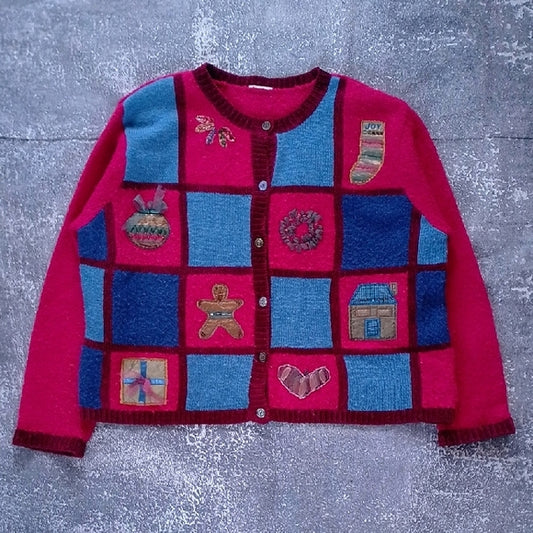 VINTAGE 90s Ugly Christmas Colorful Patchwork Cardigan Sweater