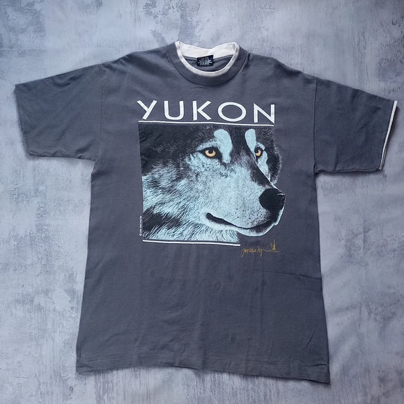 VINTAGE 1993 Yukon Wolf Signal Sports T-Shirt Single Stitch