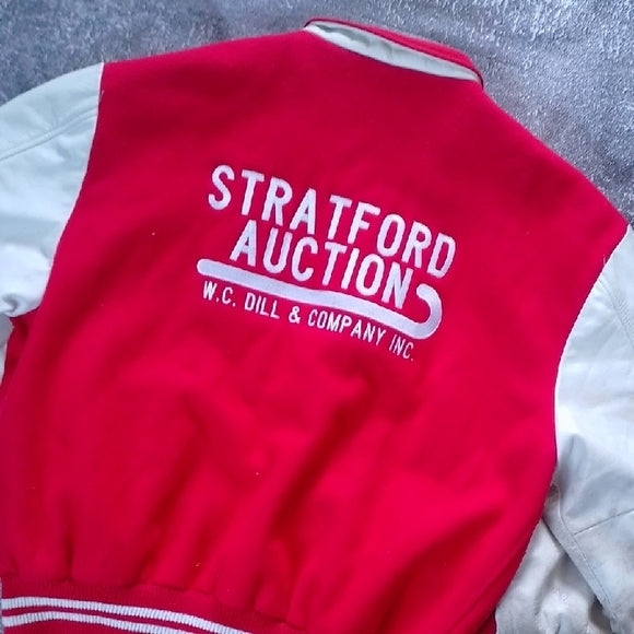 VINTAGE Red and White Stratford Auction Varsity Jacket WOOL/LEATHER