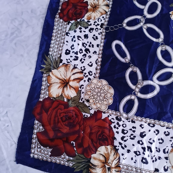 Vintage Shimmery Polyester Linen Scarf Burgundy Gold Blue Chain Print 35in