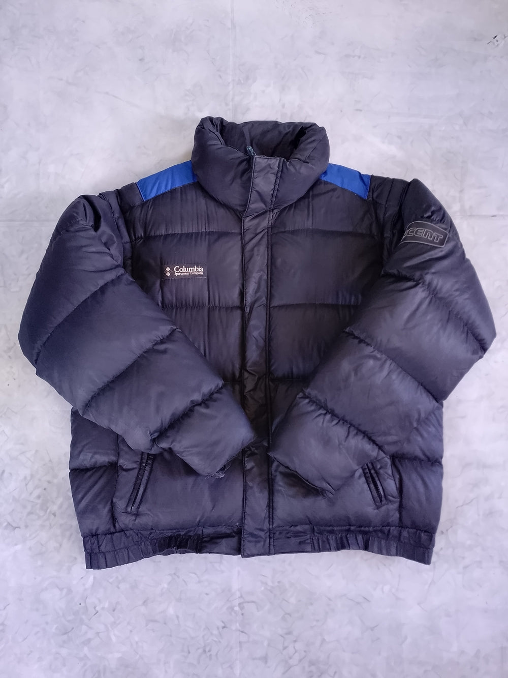 Vintage Columbia Down Black Puffer Jacket with Blue Shoulder Accents