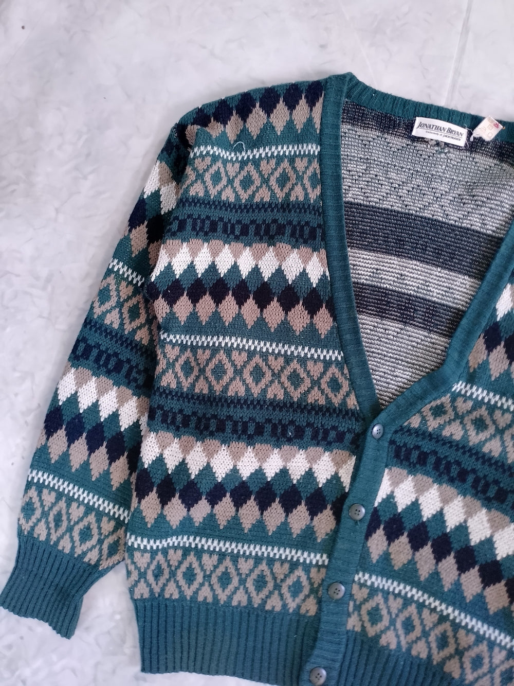 Vintage 90s Teal Patterned Men's Cardigan Sweater JONATHAN BRYAN