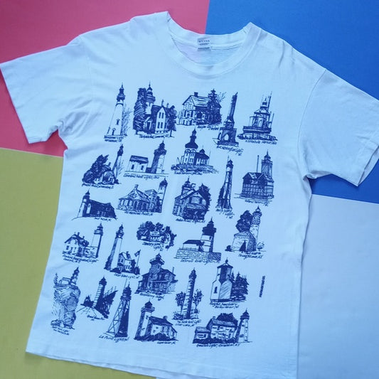 Vintage 90s Lighthouses Forts & Harbours USA Big Print Single Stitch T-Shirt