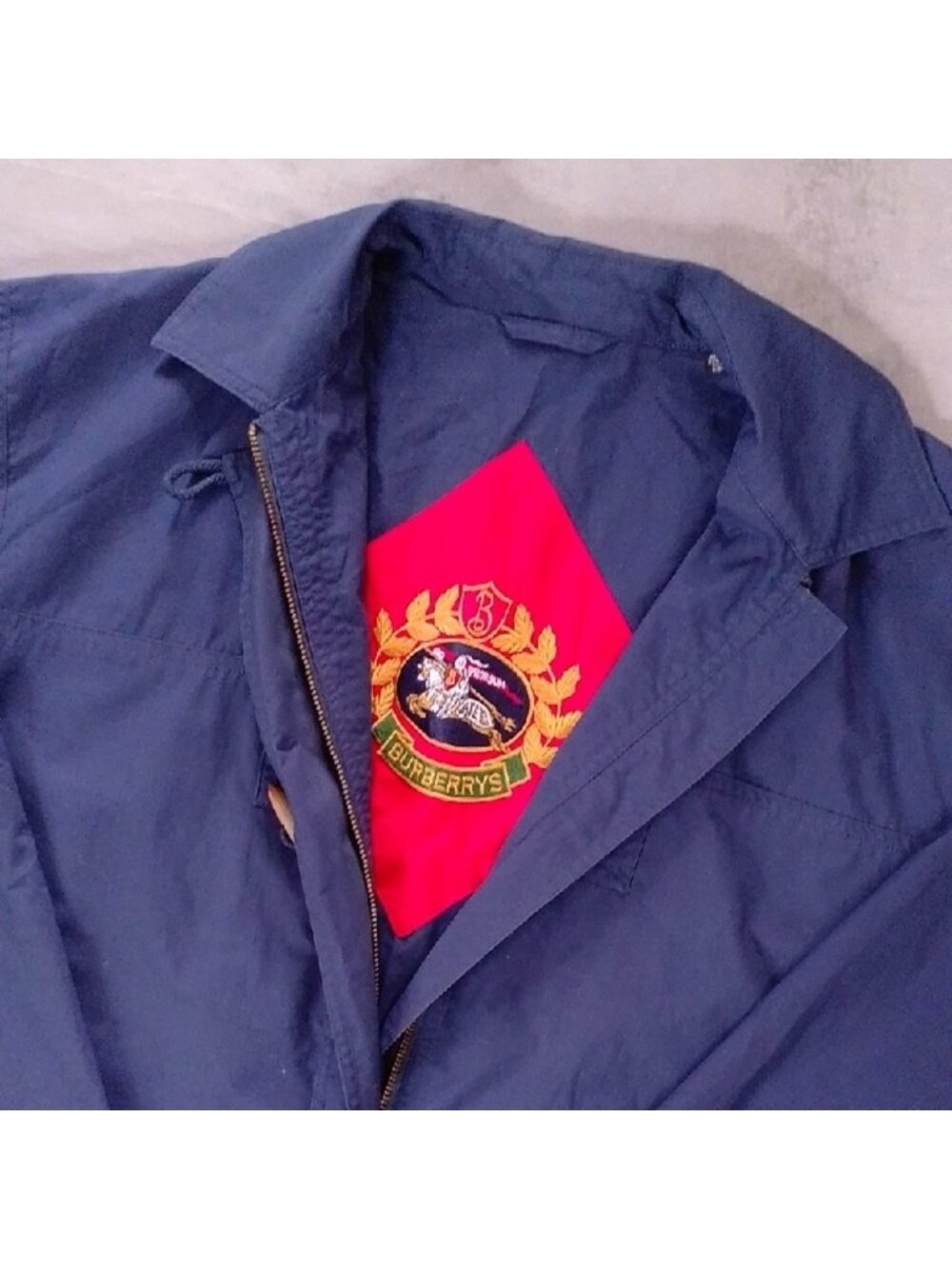 Vintage BURBERRY'S Navy Blue Jacket with Red Lining Embroidered UNISEX MAC COAT