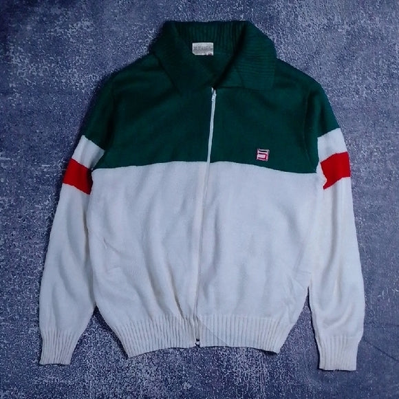 Vintage 80s Seaworth Knitwear Green and White Zip-Up Sweater