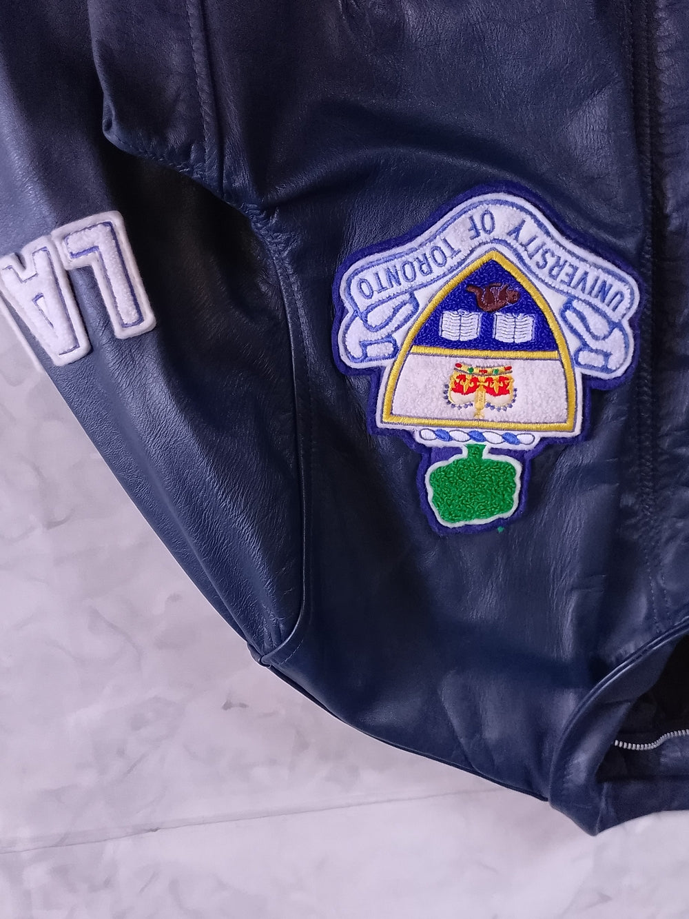 Vintage 1980s University of Toronto Navy Leather Jacket LANGUAGE DEPT LETTERMAN