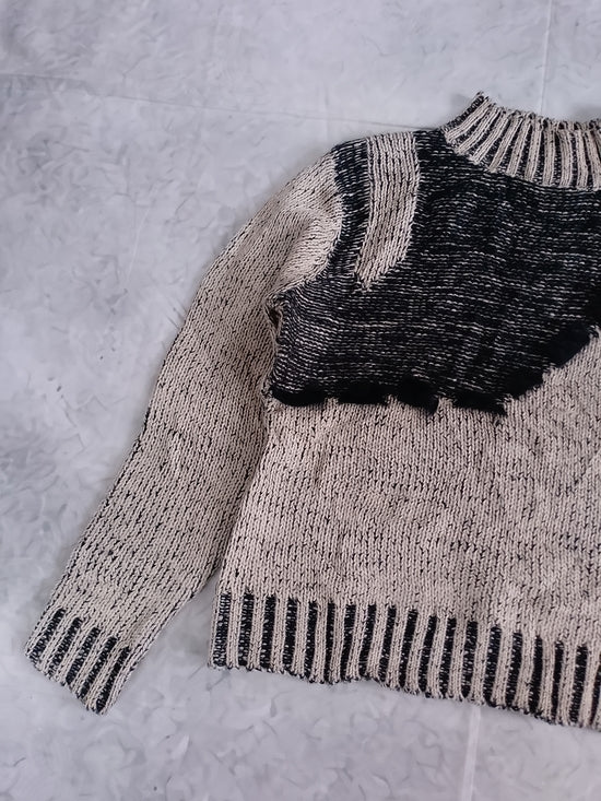 Vintage 90s Womens Two-Tone Knit Sweater in Beige and Black - Mock Neck Wool