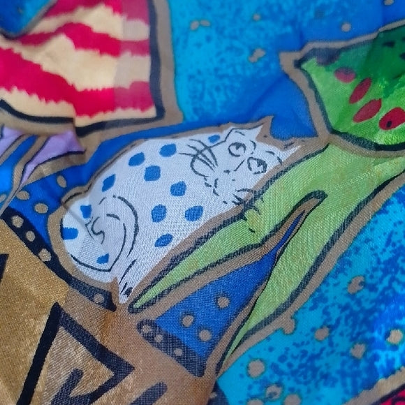 Vintage Laurel Burch “Harmony Under the Sun” Silk Scarf Sun, People & Animals