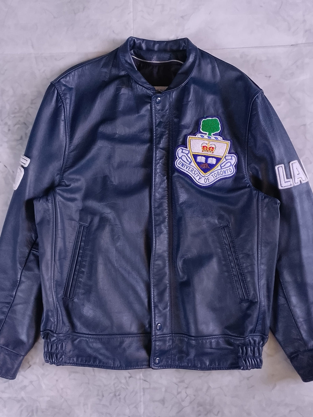 Vintage 1980s University of Toronto Navy Leather Jacket LANGUAGE DEPT LETTERMAN