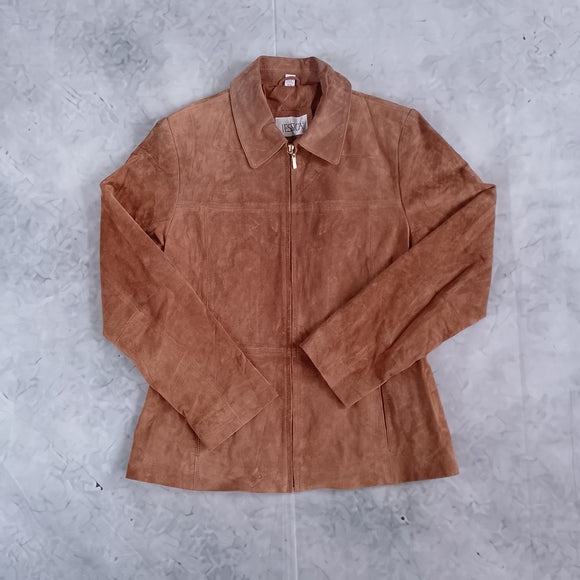 Vintage Leather Suede Zip-Front Jacket - Brown Jessica