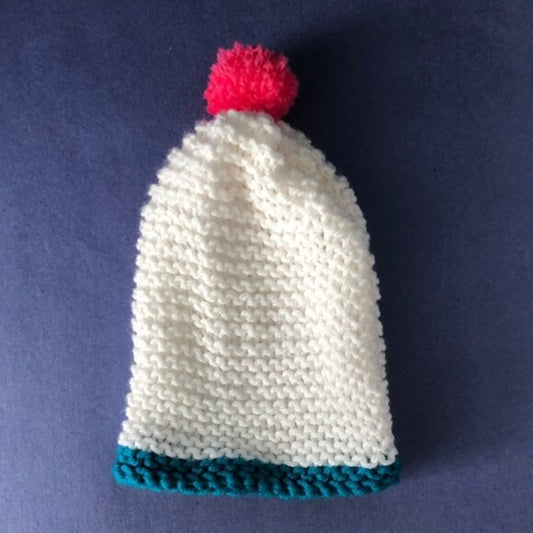 NWOT Vintage Hand-Knitted Made-in-Canada White & Blue Beanie with Pom Pom