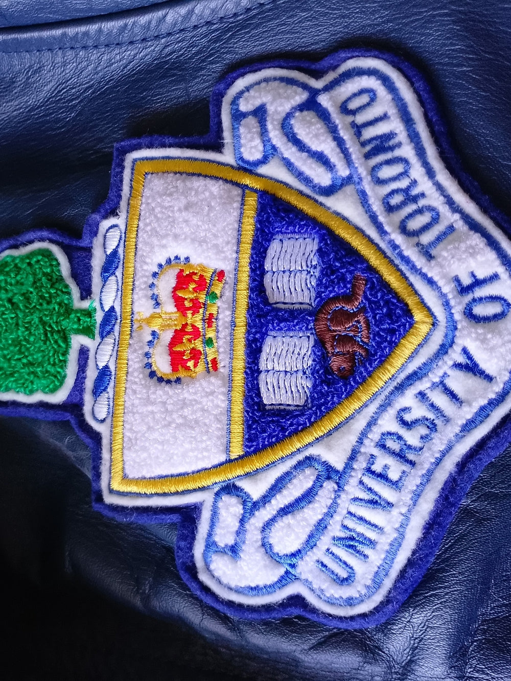 Vintage 1980s University of Toronto Navy Leather Jacket LANGUAGE DEPT LETTERMAN