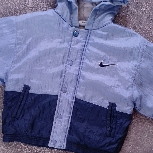VINTAGE 90s NIKE Kids Light Blue and Navy Puffer Jacket BIG LOGO