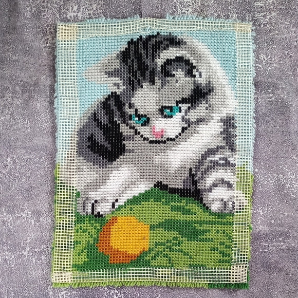 Vintage 90s Kitten Playing with Ball Latch Rug