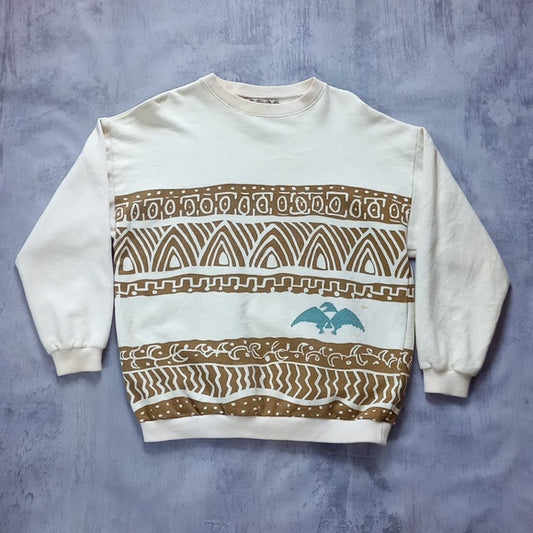 Vintage 90s Funky Tribal Bird Pattern Crewneck Sweater ADOBE FLATS Aztec