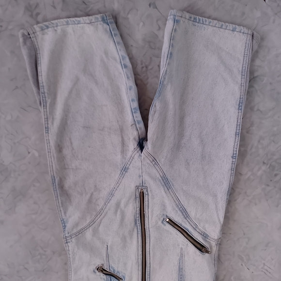 Vintage 90s SANTANA Denim Overalls Shorts Workwear ACID WASH Chain Zipper Detail