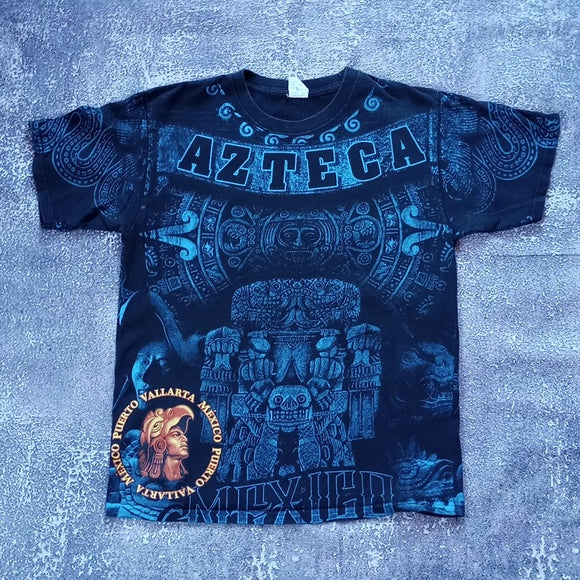 Vintage AZTECA Big Print All Over Puerto Vallarta Mexico T-Shirt