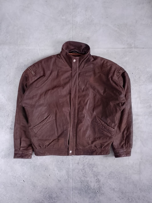 VINTAGE Brown Leather Bomber Jacket EXPRESSIONS WORWIDE