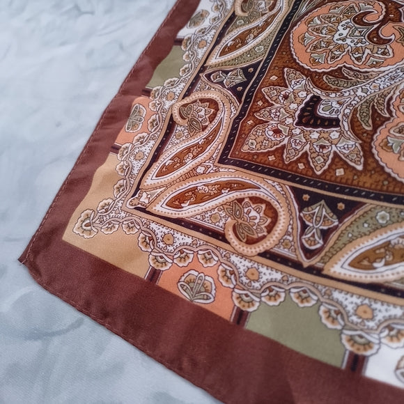 Vintage Paisley Square Scarf Brown Tan Paisley Print 25” Polyester Retro Scarf