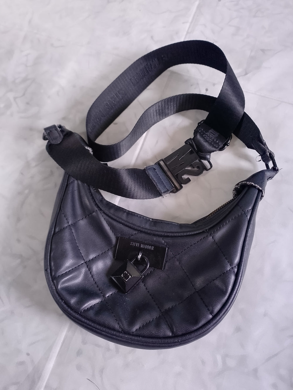 Steve Madden Faux Leather Quilted Black Crossbody Bag with Strap and Lock Accent