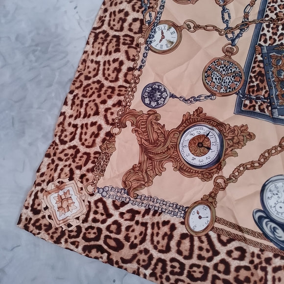 Vintage Large Satin Scarf Clocks, Watches & Leopard Print 34” Polyester
