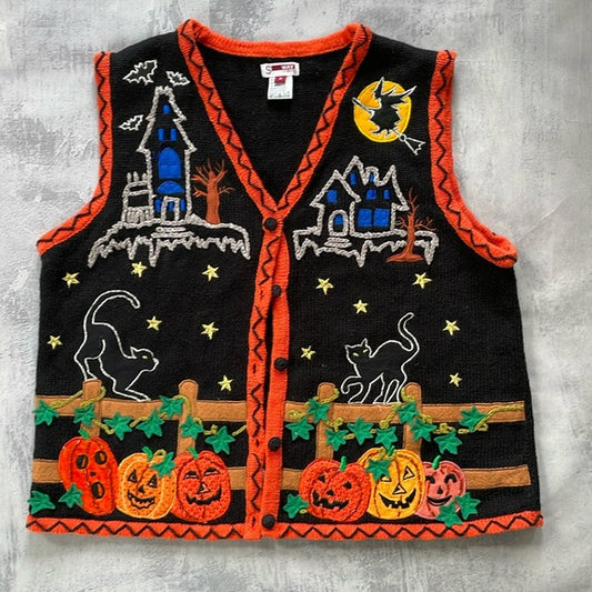 Vintage Halloween Cat Pumpkins Ugly Sweater Button-Up