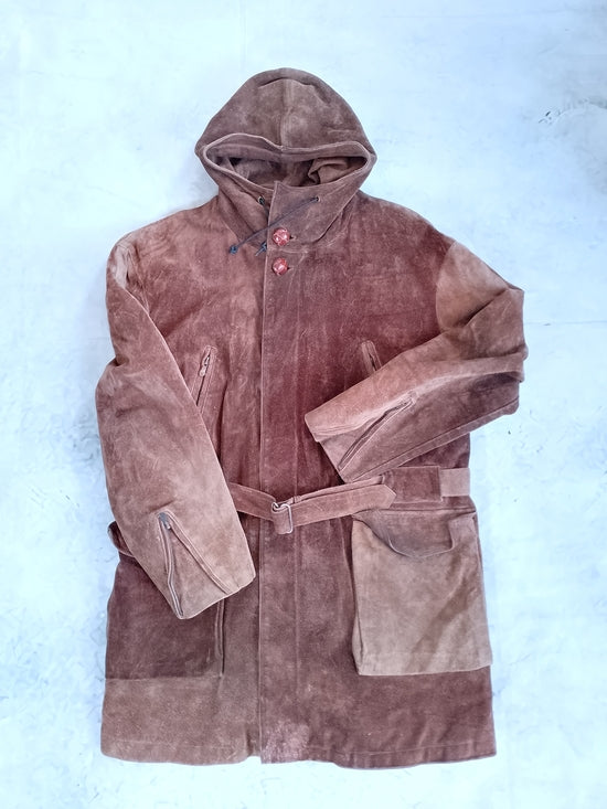Vintage Brown Suede Hooded Belted Men's Coat BRISSON & BRISSON