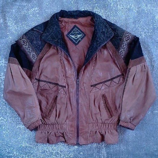 Vintage 80s Leather Patchwork Jacket Western Style UNISEX