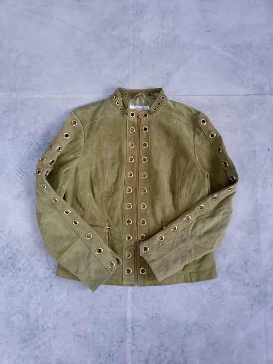 Aria Olive Green Suede Jacket with Gold Grommets