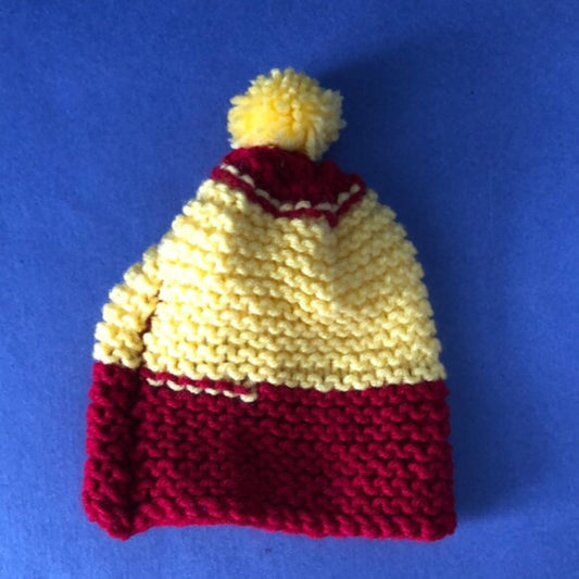 NWOT Vintage Hand-Knitted Made-in-Canada Burgundy & Yellow Beanie with Pom Pom