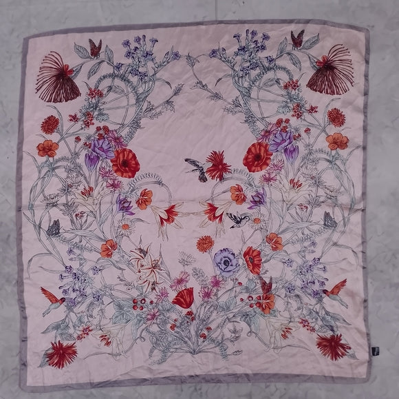Vintage Pink Floral Silk-Feeling Polyester Scarf 27in Lightweight Retro