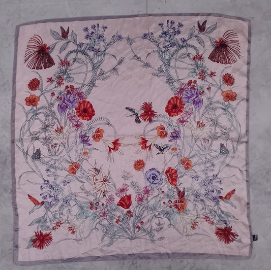 Vintage Pink Floral Silk-Feeling Polyester Scarf 27in Lightweight Retro
