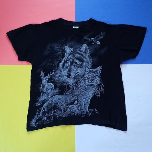 Vintage Wildlife Wolf Bear Deer & Lynx T-Shirt Double-Sided