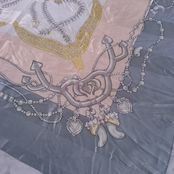 Vintage Nouveautes Jewelry Chain Print Scarf Gray Peach Gold Square Scarf 34”