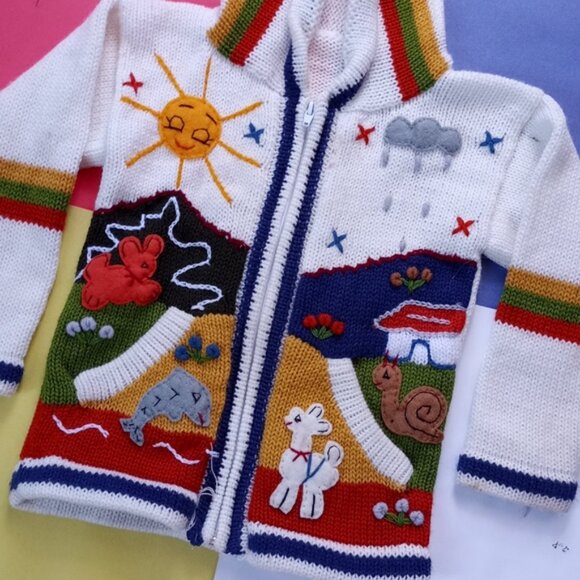 Vintage Handmade Animals & Friends Knitted Zip-Up Sweater