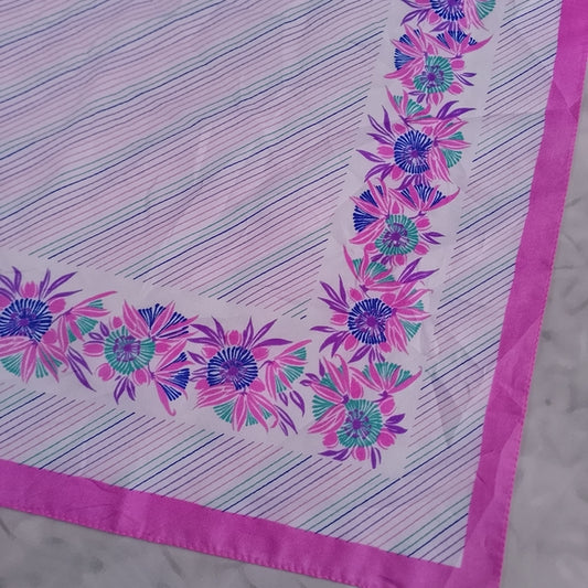 Vintage Floral Silk Scarf Purple White Square Scarf 26” Retro Neck Head Scarf