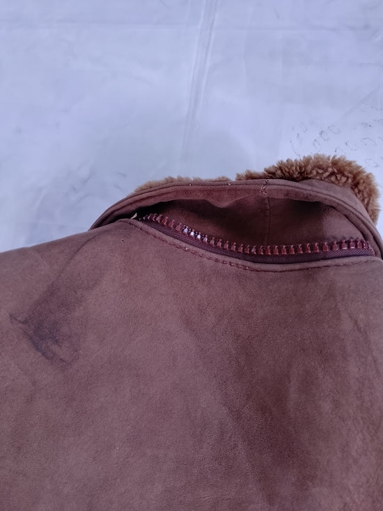 Vintage Womens Brown Shearling Teddy-Lined Leather Long Coat