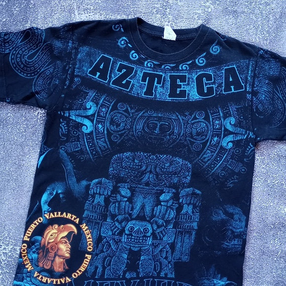 Vintage AZTECA Big Print All Over Puerto Vallarta Mexico T-Shirt