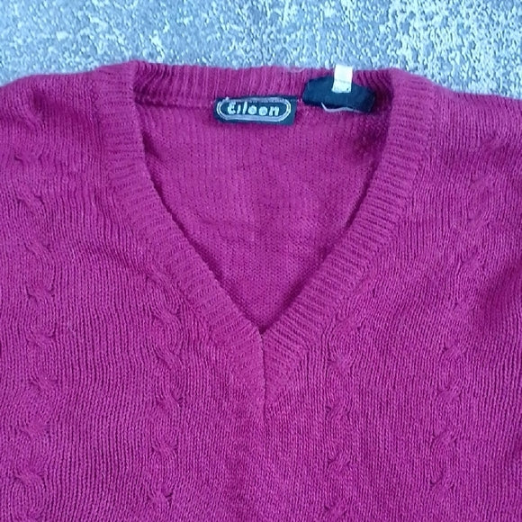 Vintage EILEEN Cable Knit V-Neck Sweater - Rich Berry