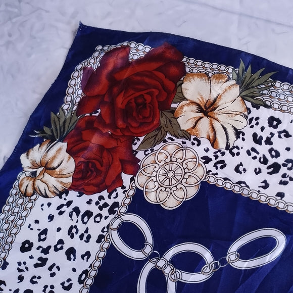 Vintage Shimmery Polyester Linen Scarf Burgundy Gold Blue Chain Print 35in