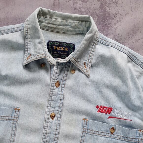 Vintage 90s IGA Home Town Proud Denim Button-Up Shirt