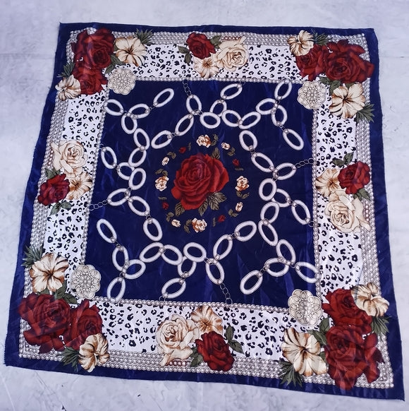 Vintage Shimmery Polyester Linen Scarf Burgundy Gold Blue Chain Print 35in