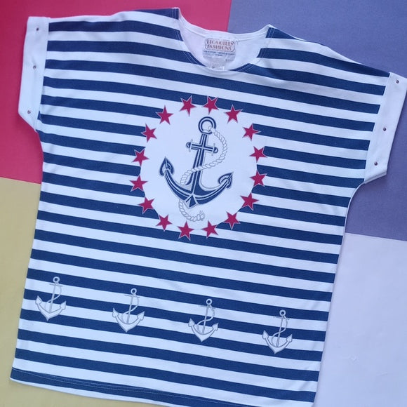 Vintage 90s Sailor Anchor Navy Style Women's T-Shirt Picadilly Fashions