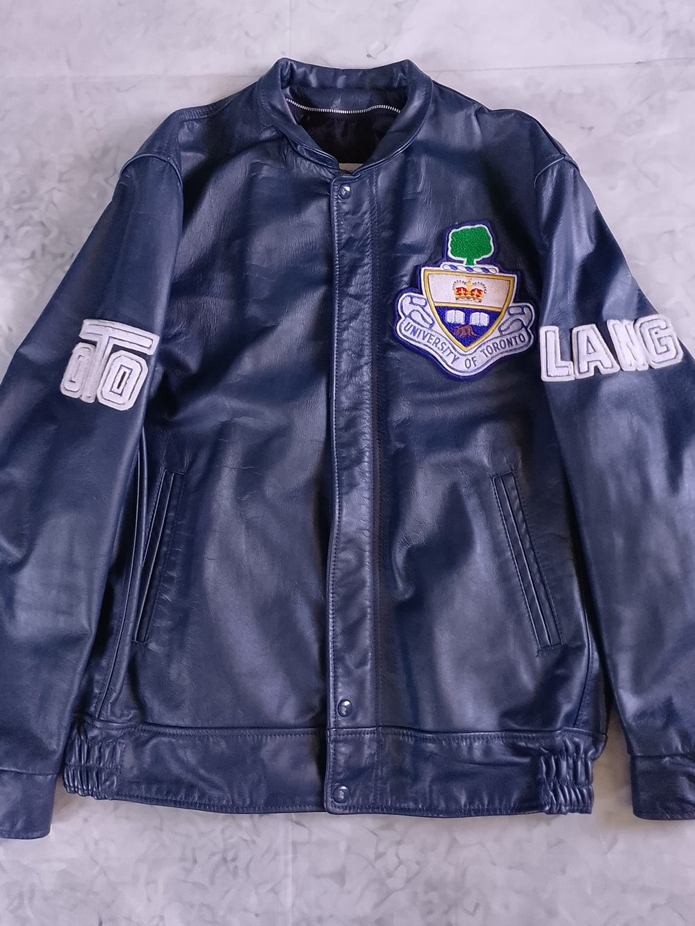 Vintage 1980s University of Toronto Navy Leather Jacket LANGUAGE DEPT LETTERMAN