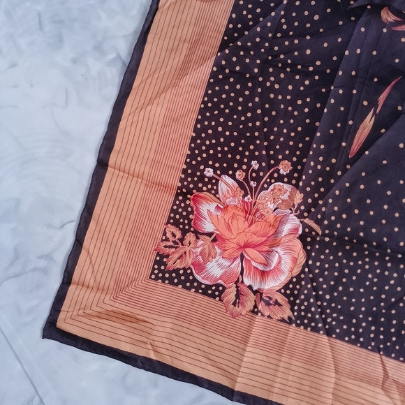 Vintage Floral Silk Scarf Hand Rolled Brown Yellow Orange Black 28in Made in China